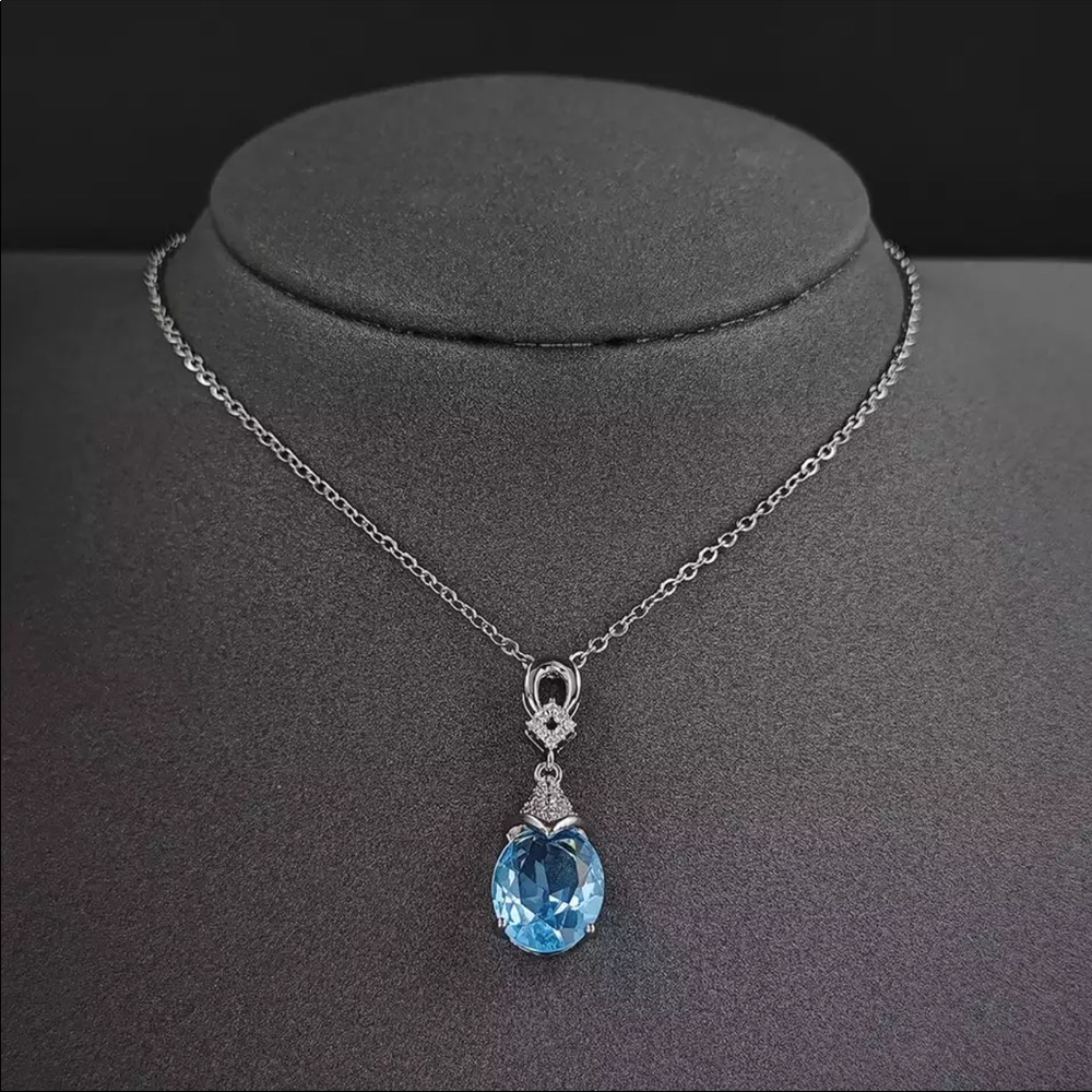 New Luxury Silver Color Blue Aquamarine Necklace - Picture 1 of 5
